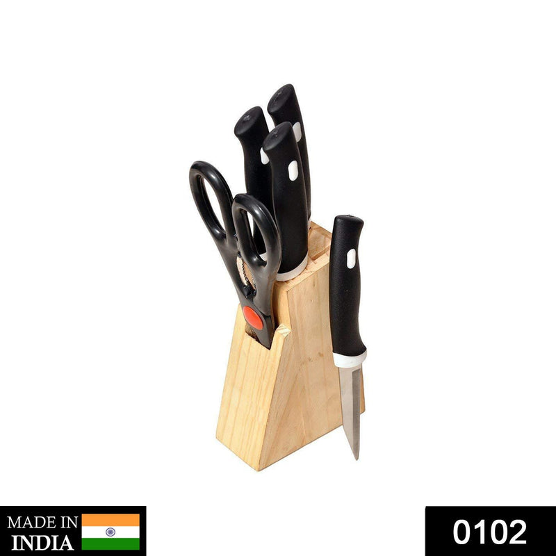 102 Kitchen Knife Set with Wooden Block and Scissors (5 pcs, Black) holeseller