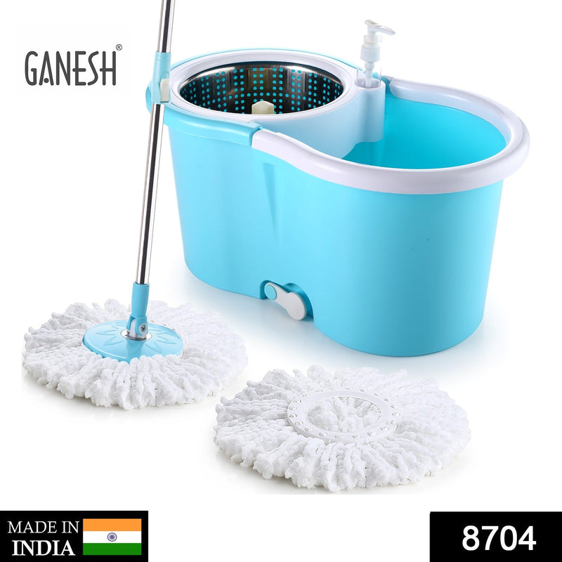 8704 Steel Spinner Bucket Mop 360 Degree Self Spin Wringing with 2 Absorbers for Home and Office Floor Cleaning Mops Set DeoDap