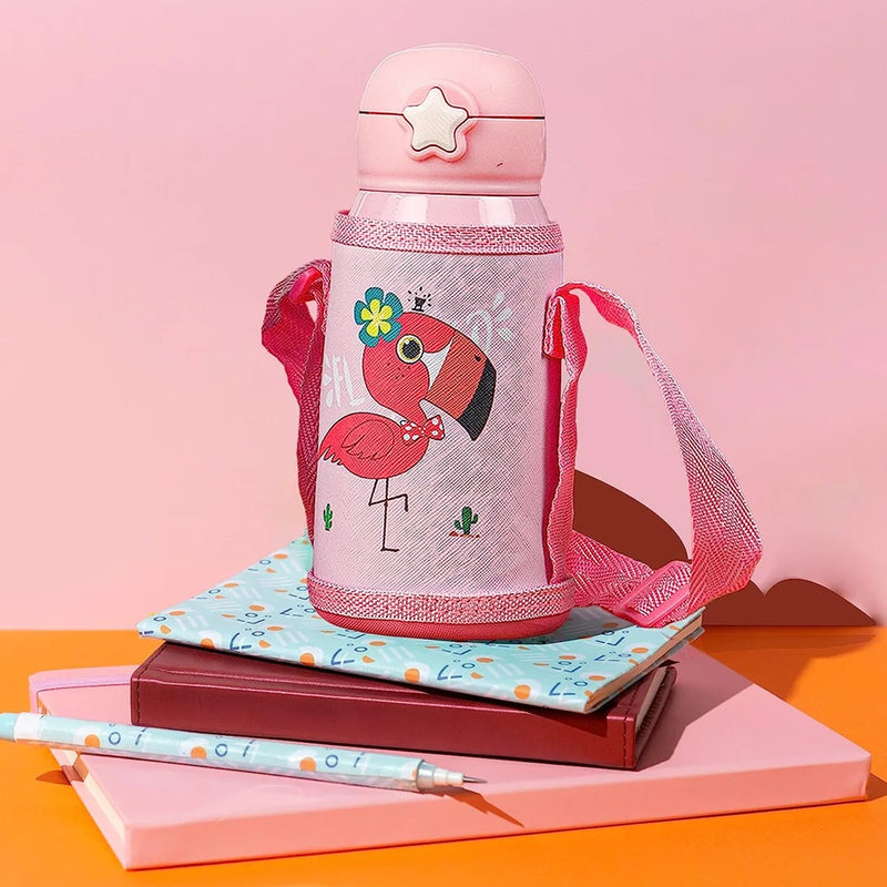 Love Baby Cute Animals Prints Kids Bottle Sipper for HOT N Cold Water, Milk, Juice with Bottle Cover, Cup, Zip Pocket & Straw to Keep Things Orange Green Pink Colors for Outdoor/ Office/Gym/School (600 ML)