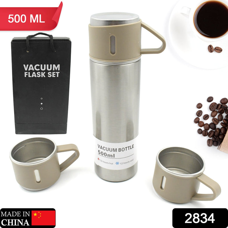 2834 Stainless Steel Vacuum Flask Set with 3 Steel Cups Combo for Coffee Hot Drink and Cold Water Flask Ideal Gifting Travel Friendly Latest Flask Bottle. (500ml)