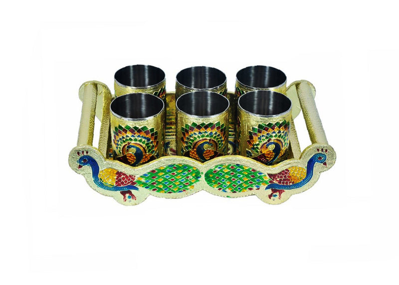 2125 Peacock Design Glass with Handle and Handicraft Serving Tray Set DeoDap