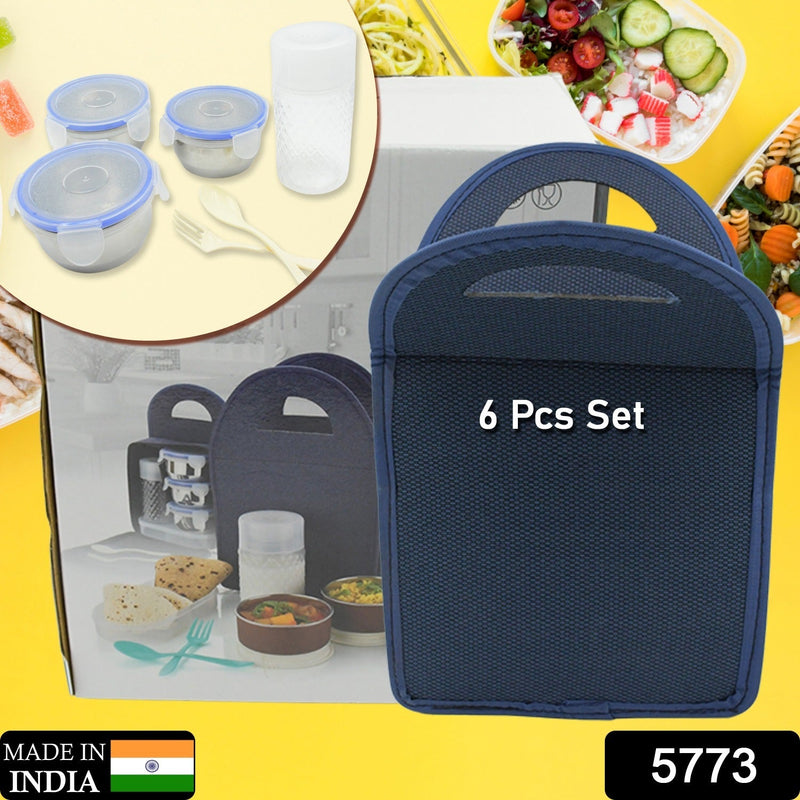 5773 6In1 Tiffin Box-Lunch Box | 3 Stainless Steel Containers | Plastic lid Box | Spoon & Fork /Plastic Bottle | Insulated Fabric Bag | Leak Proof | Microwave Safe  for Office, College and School for Men, Women (6 pcs)