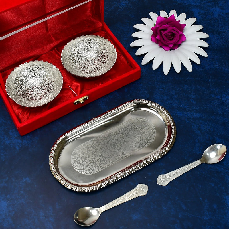 2947A Silver Plated 2 Bowl 2 Spoon Tray Set Brass with Red Velvet Gift Box Serving Dry Fruits Desserts Gift, Bartan DeoDap