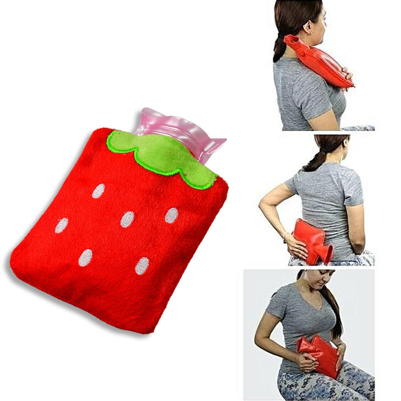 6516 Strawberry small Hot Water Bag with Cover for Pain Relief, Neck, Shoulder Pain and Hand, Feet Warmer, Menstrual Cramps.