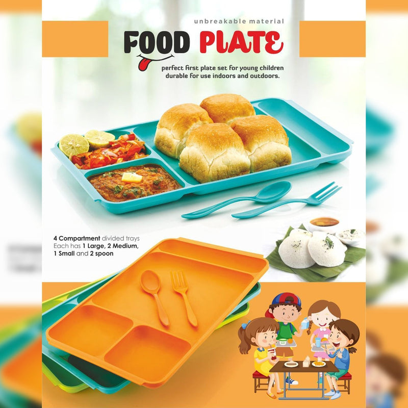 2037 4Compartment Dish with Spoon and Fork(2 Dish Set with 1Spoon and 1Fork) Dinner Plate Plastic Compartment Plate Pav Bhaji Plate 4-Compartments Divided Plastic Food Plate. DeoDap