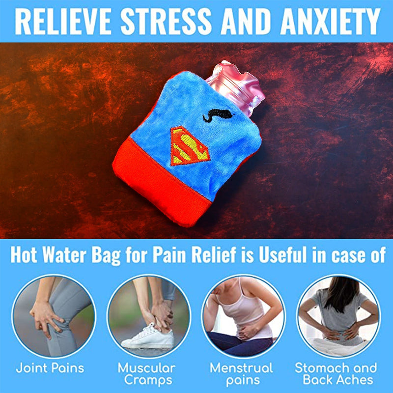 6530 Superman Print small Hot Water Bag with Cover for Pain Relief, Neck, Shoulder Pain and Hand, Feet Warmer, Menstrual Cramps.