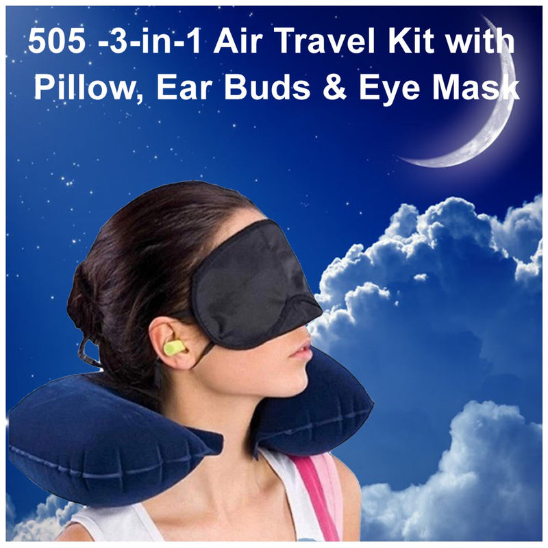 505 -3-in-1 Air Travel Kit with Pillow, Ear Buds & Eye Mask holeseller WITH BZ LOGO