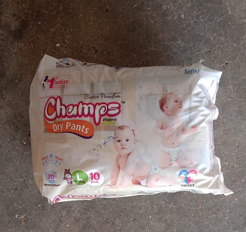 0974 Large Champs Dry Pants Style Diaper- Large (10 pcs) Best for Travel  Absorption, Champs Baby Diapers, Champs Soft and Dry Baby Diaper Pants (L,10 Pcs )