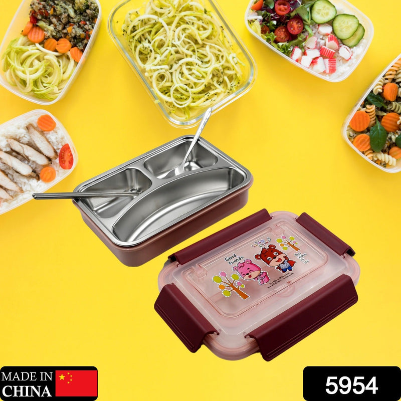 5954 Food‑Safe Materials Kids Lunch Box With steel  Spoon & chopsticks Compartment is Designed Made of 304 Stainless Steel Easy to Clean for School for Camping for Work for Home, Office